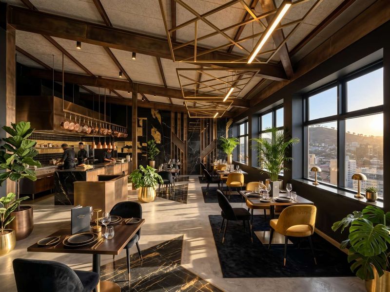 Sophisticated open-plan restaurant space featuring high-end marble finishes, exposed timber beams, custom geometric lighting, and expansive windows with panoramic city views.