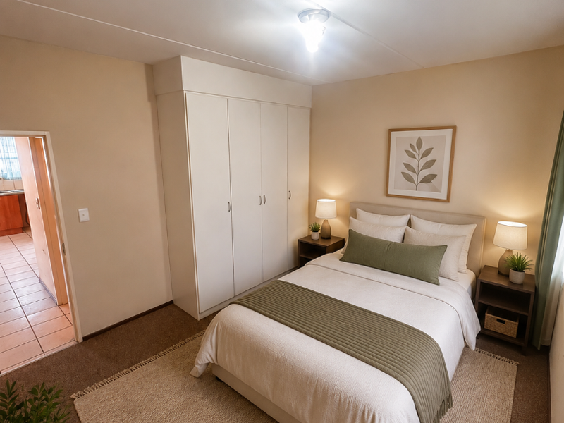 A well-maintained bedroom featuring neutral walls, carpeted flooring, and a large built-in wardrobe, with an adjacent view into a tiled hallway.