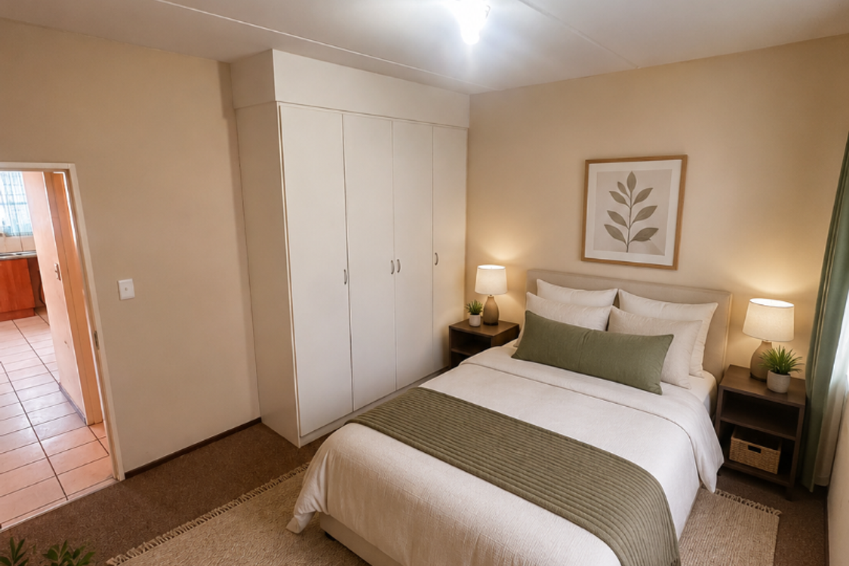 A well-maintained bedroom featuring neutral walls, carpeted flooring, and a large built-in wardrobe, with an adjacent view into a tiled hallway.