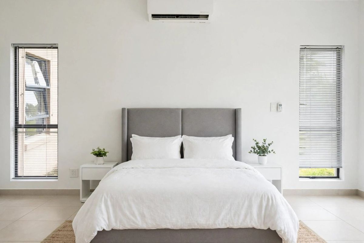A bright and modern bedroom featuring tiled flooring, dual casement windows with venetian blinds, and a wall-mounted split-system air conditioner.