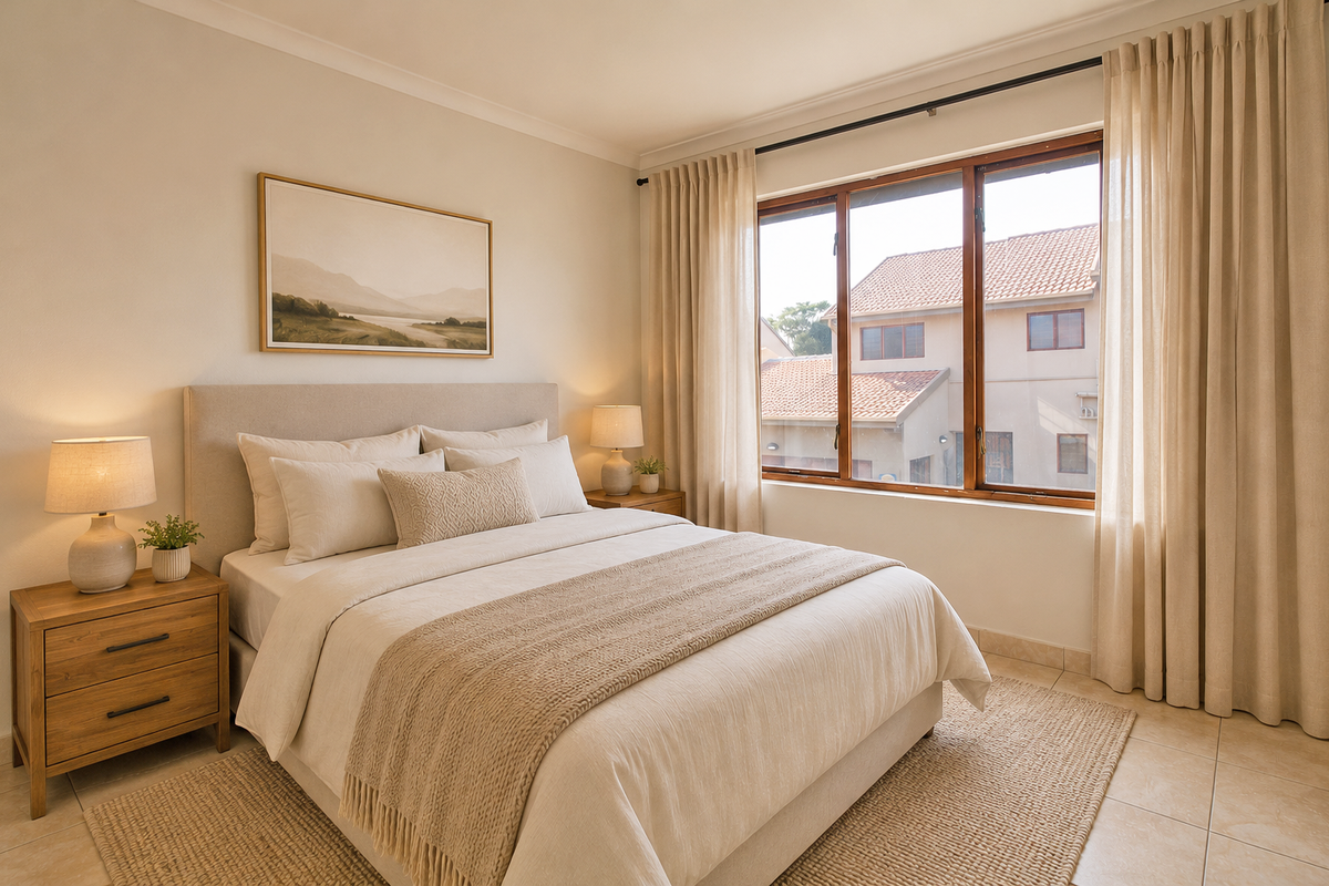 A well-maintained bedroom featuring neutral tones, tiled flooring, and large timber-framed windows that provide natural light and a view of the surrounding townhouse complex.
