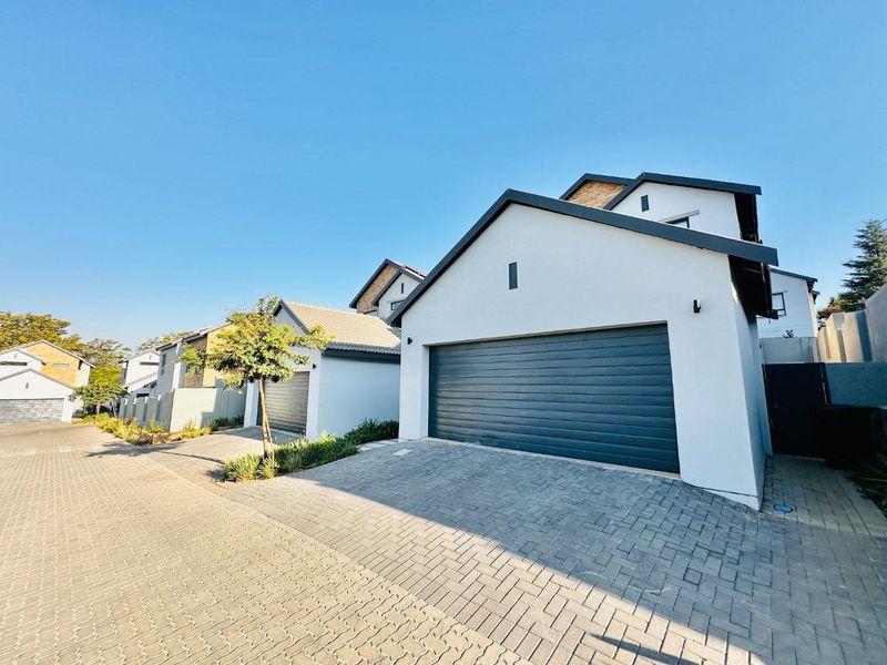 Modern cluster home exterior featuring a double garage, paved driveway, and contemporary architectural design.