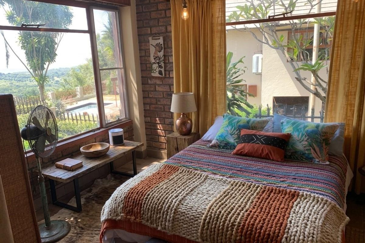 A cozy bedroom featuring exposed brick walls, large windows providing natural light, and views of the outdoor pool area.
