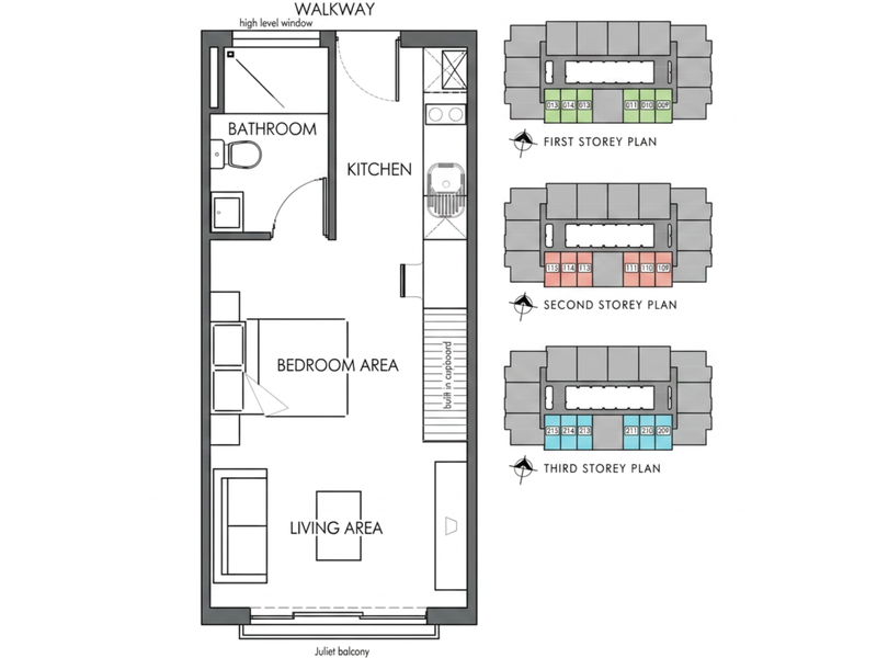 A detailed floor plan showing the layout of the apartment, including the kitchen, bedroom area, living area, bathroom, and Juliet balcony.