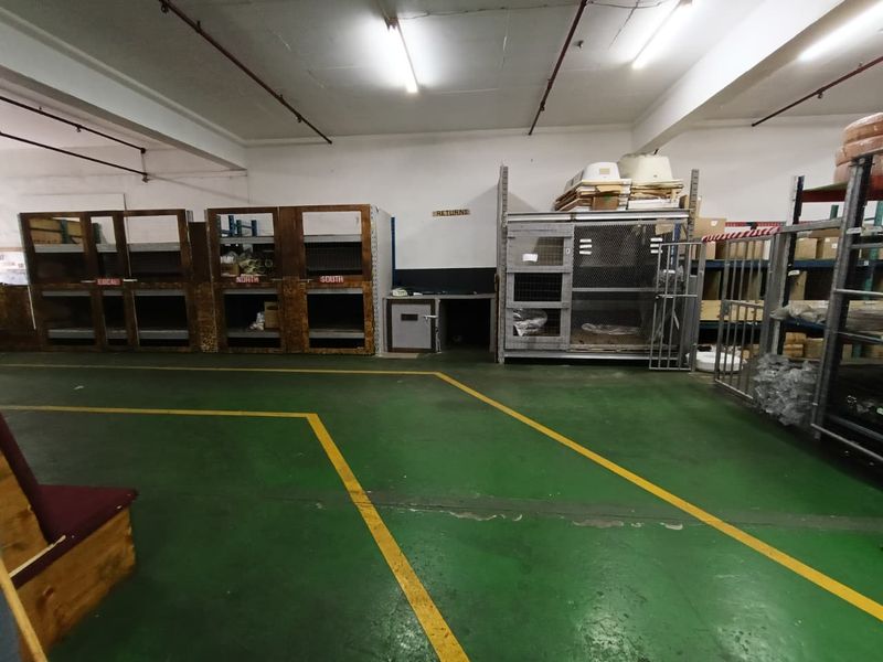 Industrial utility or storage area featuring durable epoxy flooring, overhead fluorescent lighting, and integrated metal racking systems for organized inventory management.