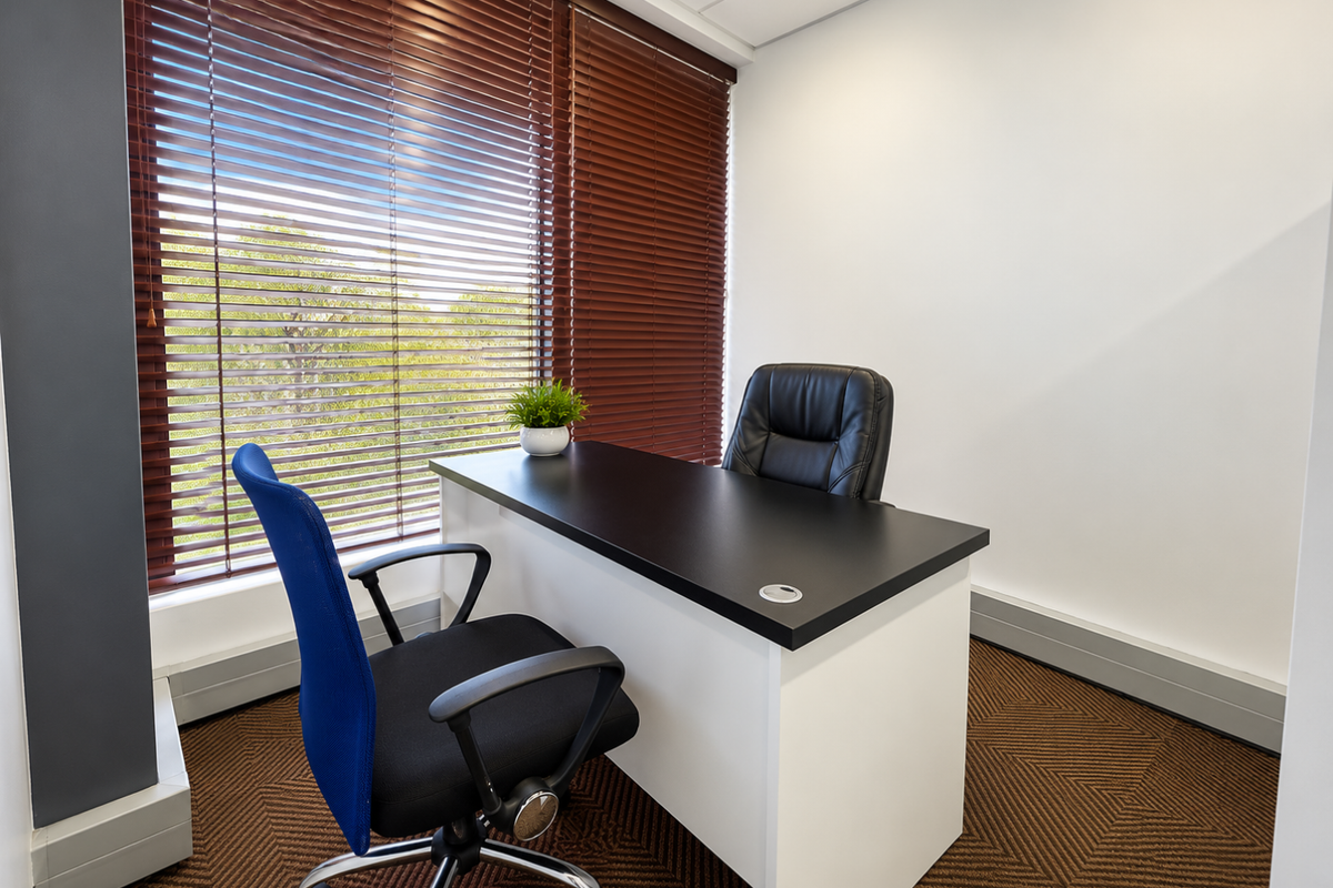 A professional office space featuring carpeted flooring, recessed ceiling lights, and large windows fitted with venetian blinds.