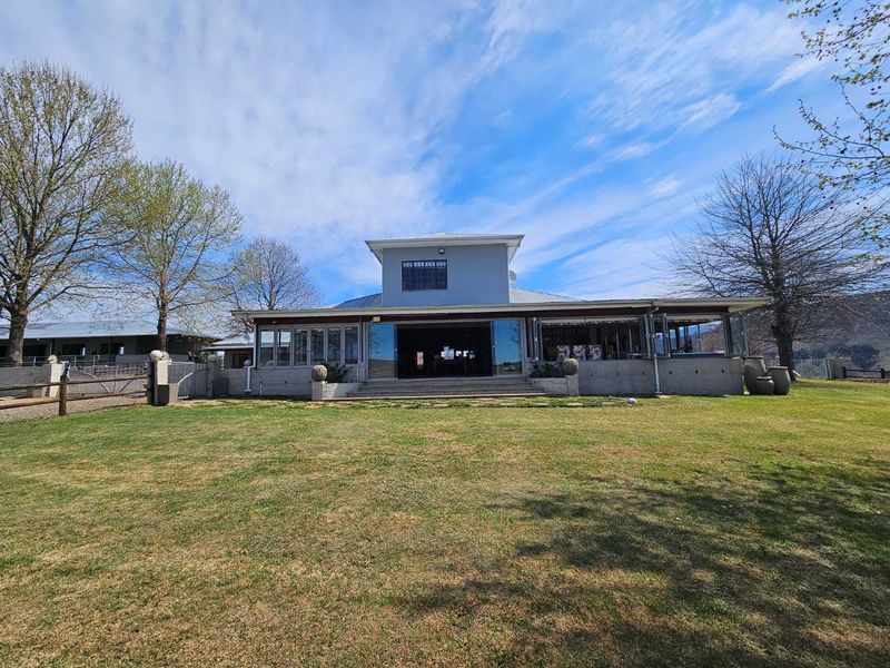 Rear view of a farm property featuring a spacious lawn, covered patio area with large sliding glass doors, and a multi-level roof structure.