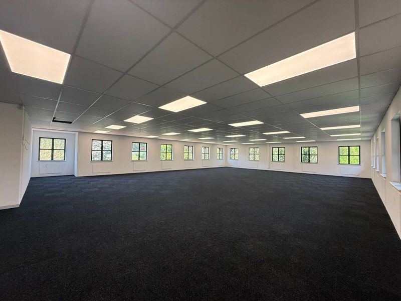 A spacious, open-plan office area featuring a suspended ceiling with recessed lighting, dark carpet tiles, and abundant natural light from multiple windows.