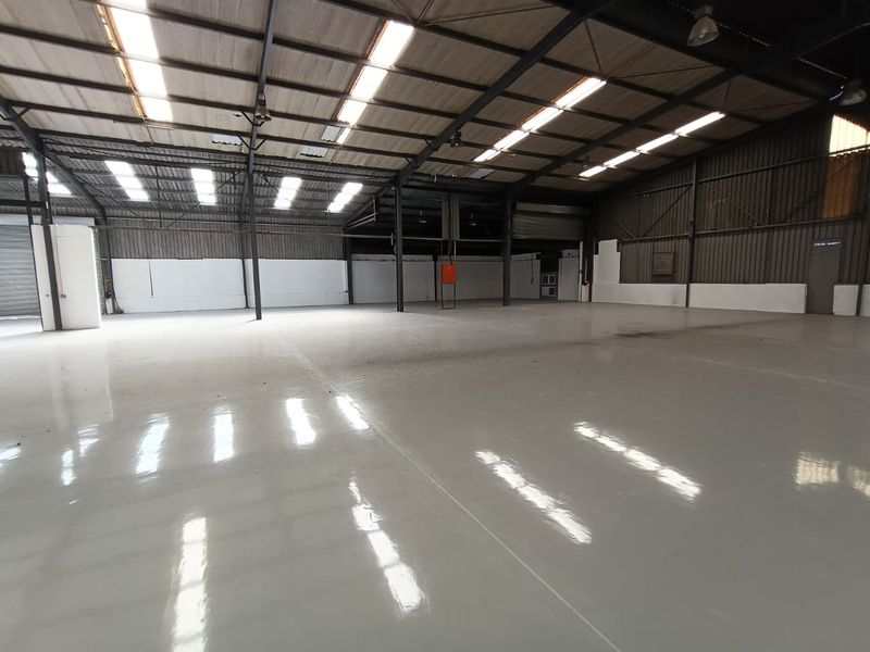 Spacious industrial warehouse featuring a high-clearance steel portal frame, durable epoxy-coated flooring, ample natural light from skylights, and a large roller shutter door.