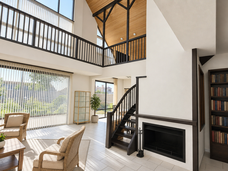 Spacious double-volume living room featuring a built-in fireplace, custom bookshelf, mezzanine level, and large windows with vertical blinds.