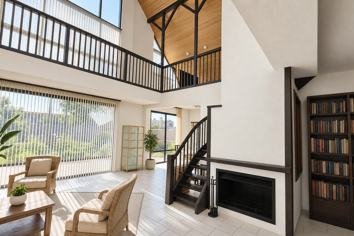 Spacious double-volume living room featuring a built-in fireplace, custom bookshelf, mezzanine level, and large windows with vertical blinds.