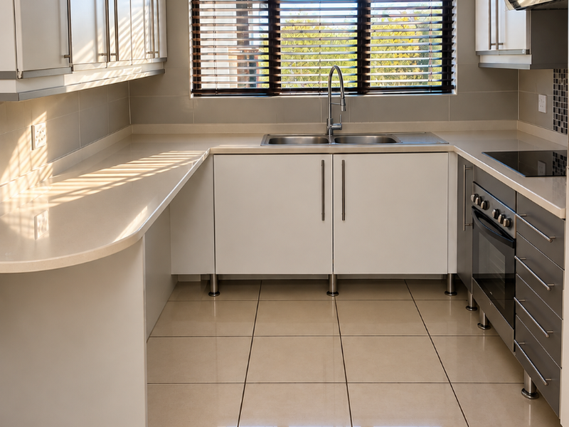 A clean, modern kitchen featuring white cabinetry, stone countertops, stainless steel appliances, and large floor tiles, illuminated by natural light through a window.