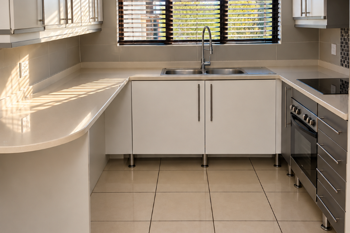 A clean, modern kitchen featuring white cabinetry, stone countertops, stainless steel appliances, and large floor tiles, illuminated by natural light through a window.