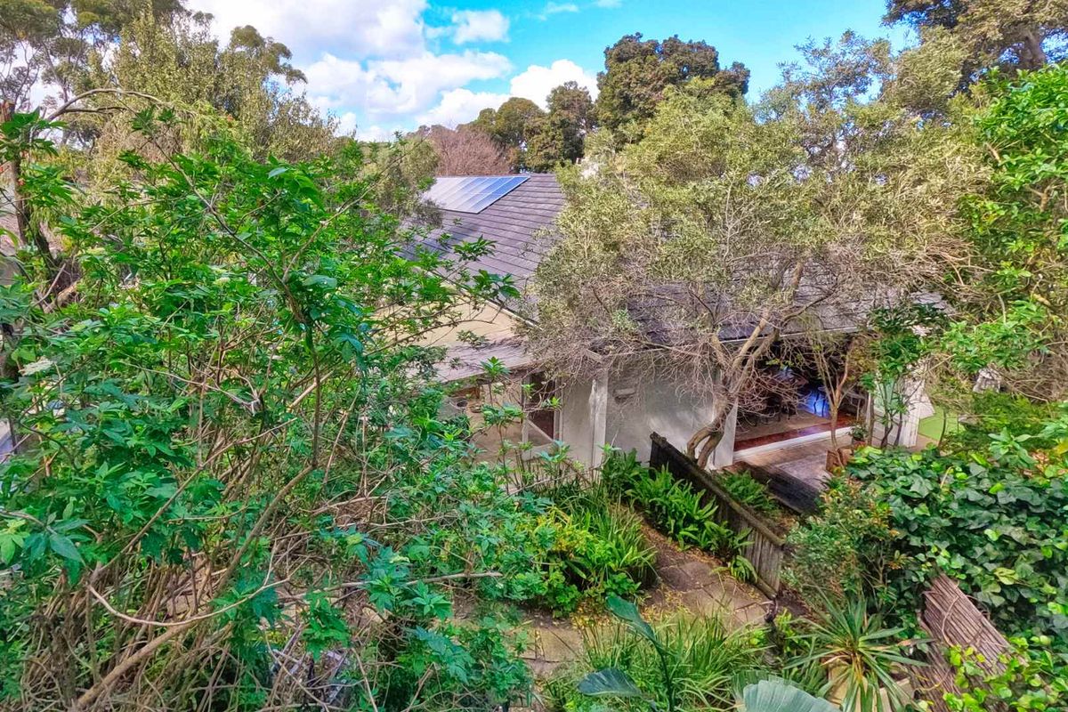 An elevated aerial view of the property featuring a tiled roof with solar panels, surrounded by mature trees and a lush garden.