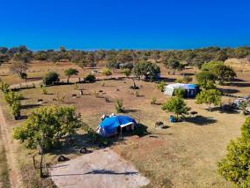An aerial view of a large, open small holding property featuring established trees, dirt access paths, and perimeter fencing.