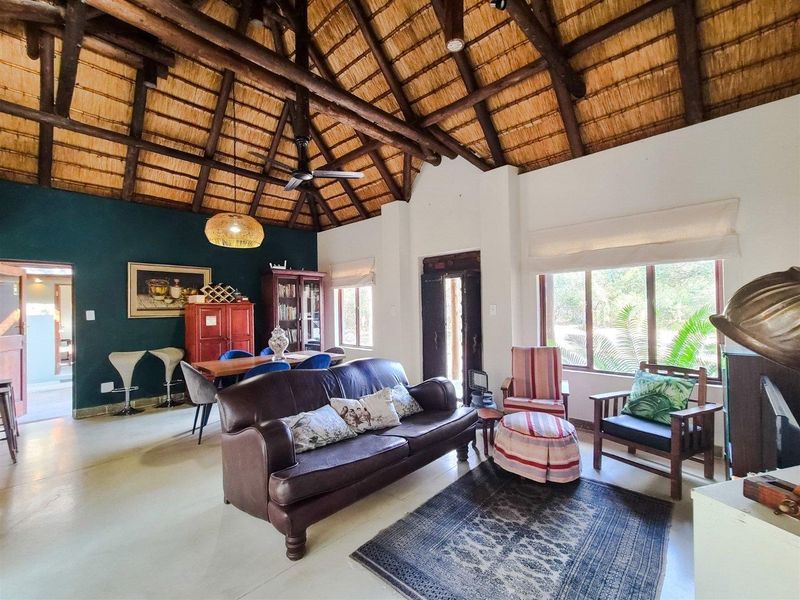 Spacious open-plan living and dining area featuring a high vaulted thatched ceiling with exposed timber rafters and polished concrete flooring.