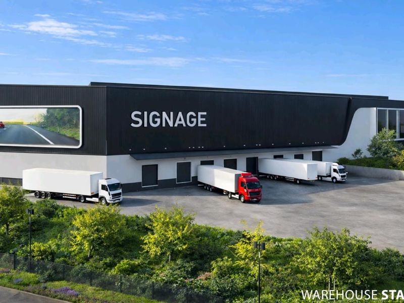 Aerial view of a modern industrial warehouse facility featuring multiple loading bays, large signage area, and paved yard space for heavy vehicle access.