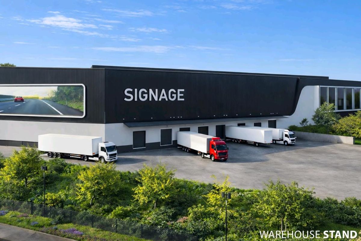 Aerial view of a modern industrial warehouse facility featuring multiple loading bays, large signage area, and paved yard space for heavy vehicle access.