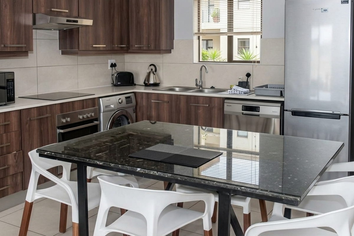 Modern kitchen featuring dark wood cabinetry, granite countertops, integrated appliances, and a central dining island with tiled flooring throughout.