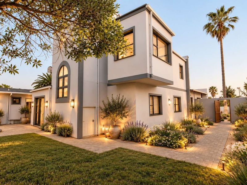 A beautifully landscaped rear garden featuring a paved walkway, mature trees, and exterior lighting illuminating the modern two-story building facade.