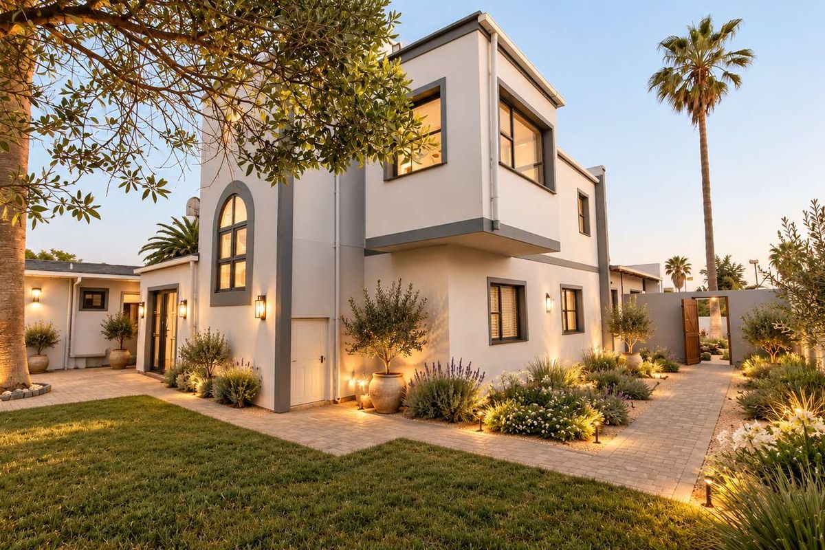 A beautifully landscaped rear garden featuring a paved walkway, mature trees, and exterior lighting illuminating the modern two-story building facade.