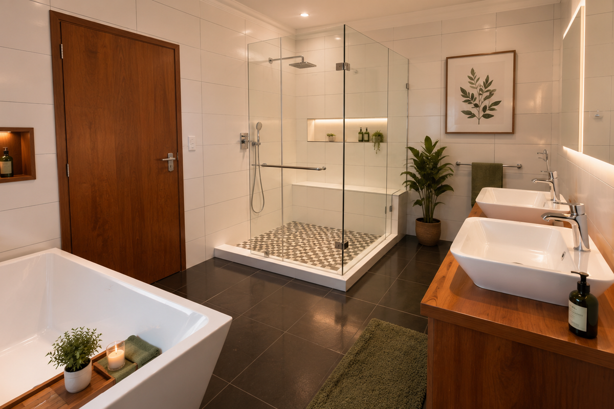 Modern bathroom featuring a glass-enclosed walk-in shower, a freestanding bathtub, and a double vanity with wooden cabinetry and contemporary fixtures.