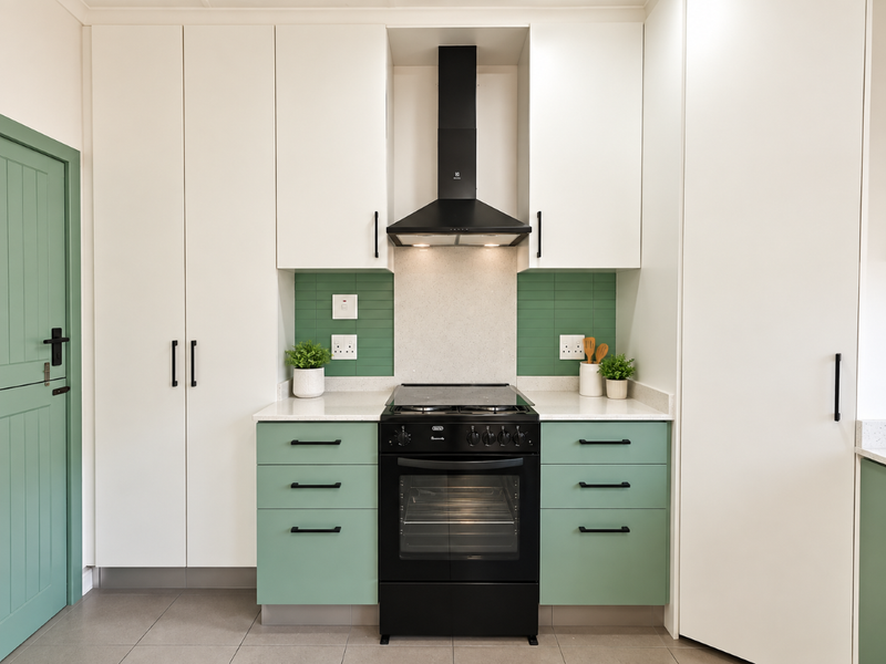 Modern kitchen featuring sage green and white cabinetry, stone countertops, a tiled backsplash, and a black freestanding oven with a matching extractor fan.