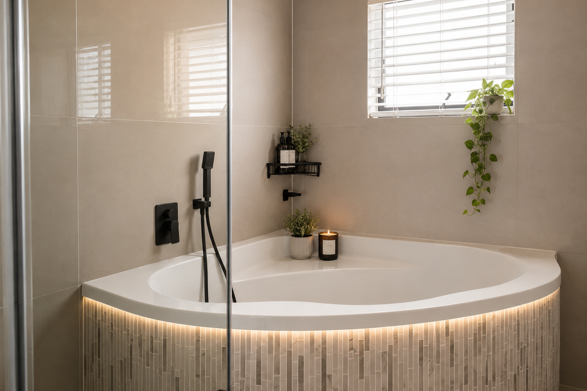 Modern bathroom featuring a corner bathtub with integrated LED lighting, matte black fixtures, and stylish mosaic tiling.