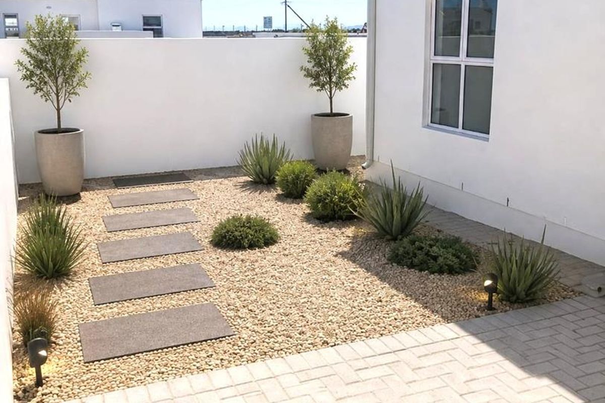 A well-maintained rear courtyard featuring a paved patio area, gravel landscaping with stone stepping stones, and clean white boundary walls.