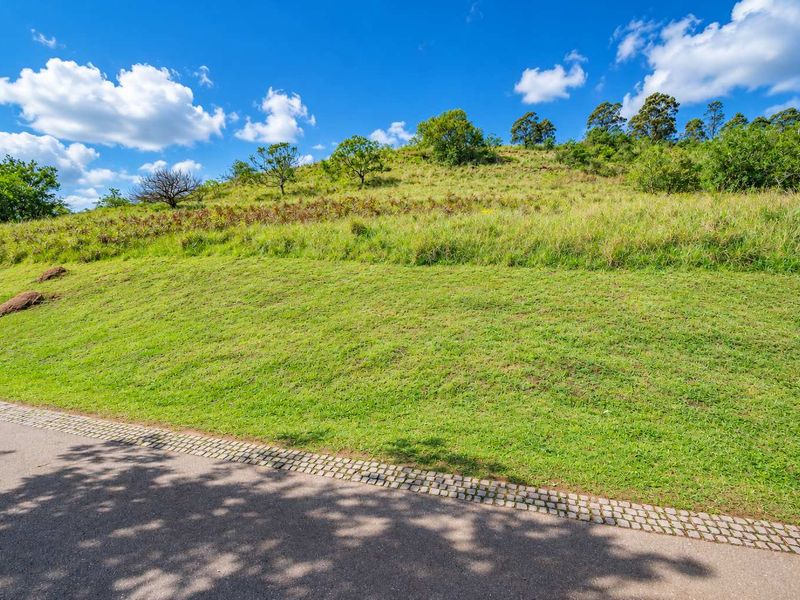 A view of a sloped residential vacant land plot featuring a paved driveway with cobblestone edging and natural grass landscaping.