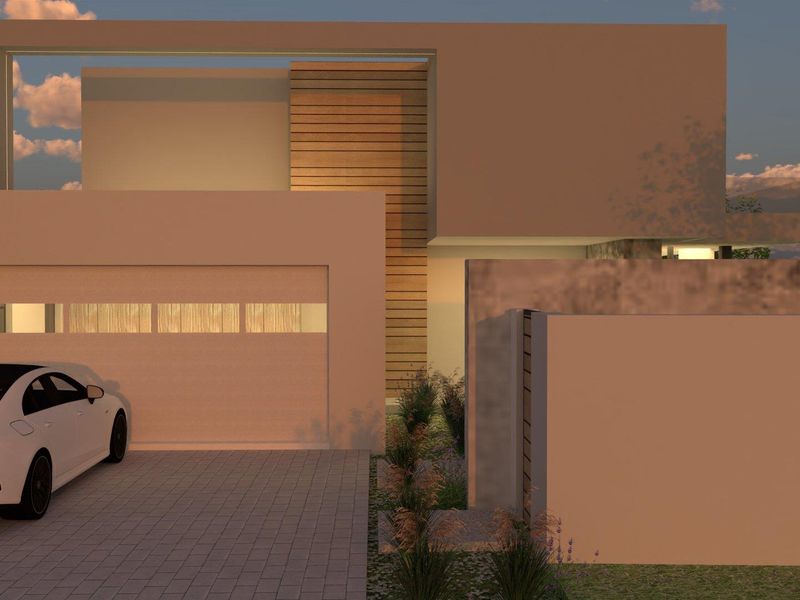 Modern architectural front elevation featuring clean lines, timber cladding accents, a paved driveway, and an integrated double garage.