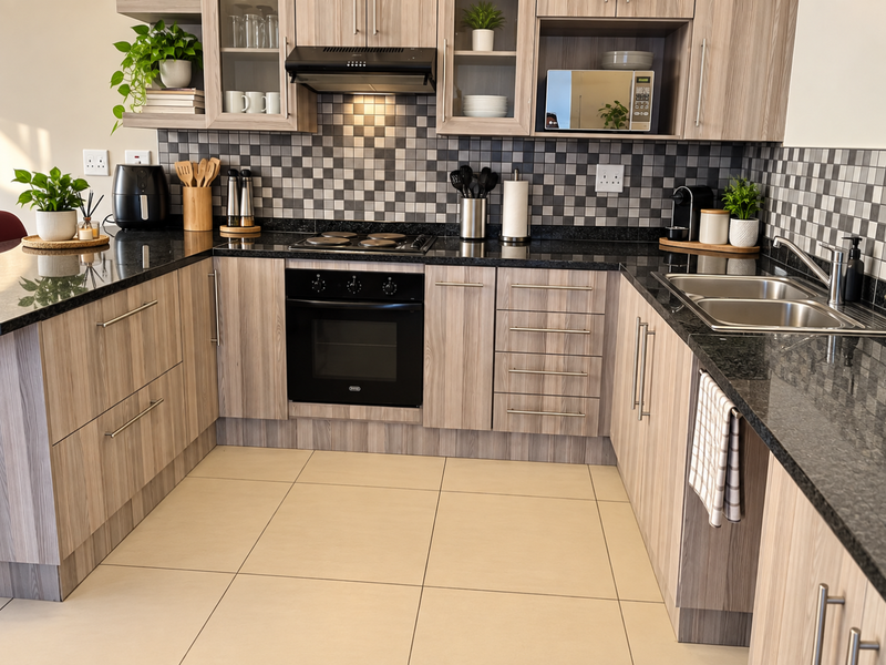 Modern U-shaped kitchen featuring wood-grain cabinetry, granite countertops, integrated stainless steel appliances, and a contemporary tiled backsplash.