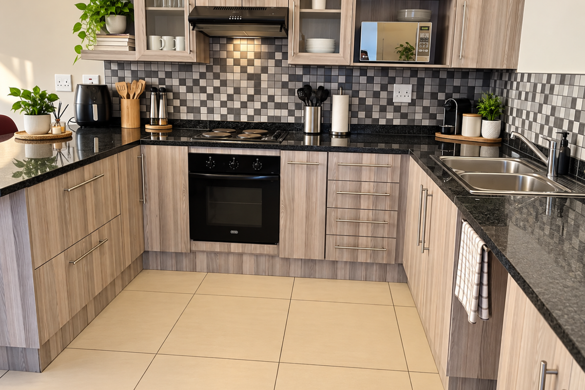 Modern U-shaped kitchen featuring wood-grain cabinetry, granite countertops, integrated stainless steel appliances, and a contemporary tiled backsplash.