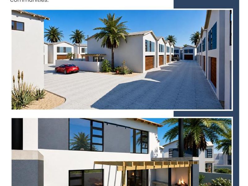 A promotional collage showcasing the modern exterior facade, paved driveway, and private outdoor patio area with a built-in braai at Valora Estate.