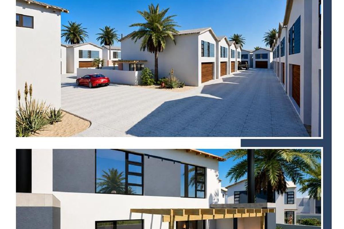A promotional collage showcasing the modern exterior facade, paved driveway, and private outdoor patio area with a built-in braai at Valora Estate.