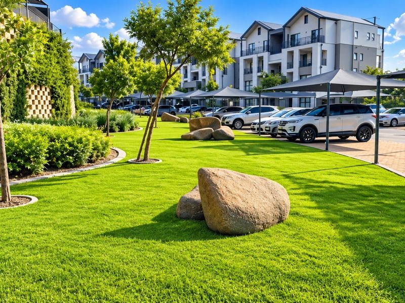 A well-maintained communal garden area featuring manicured lawns, decorative landscaping, and covered parking bays within a modern apartment complex.