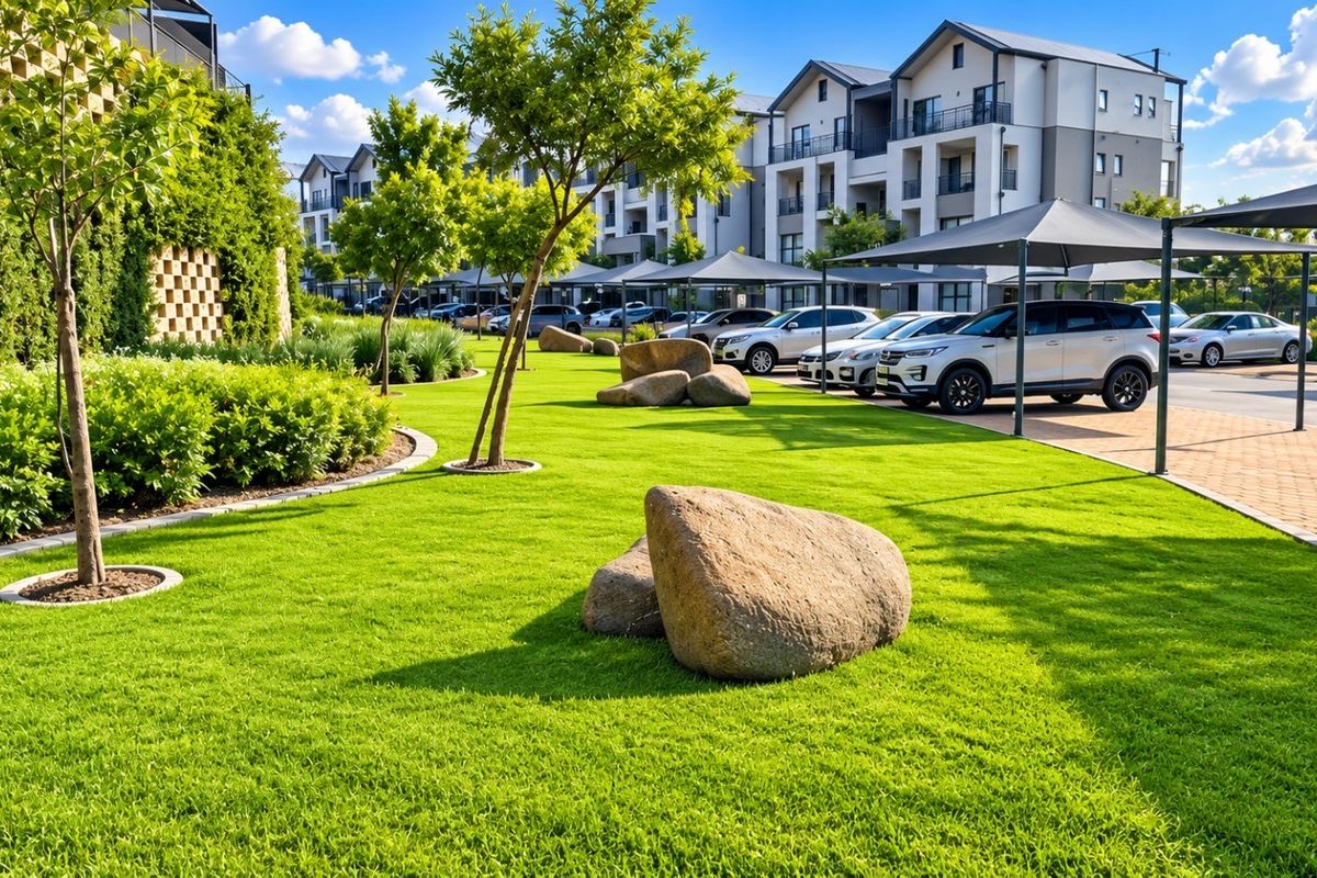 A well-maintained communal garden area featuring manicured lawns, decorative landscaping, and covered parking bays within a modern apartment complex.