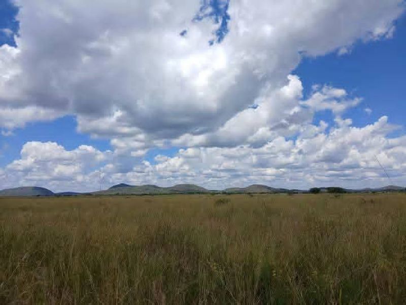 A wide-angle view of the expansive, undeveloped agricultural land featuring natural grasslands and distant rolling hills under a bright, cloudy sky.