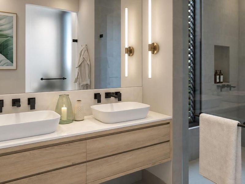 Modern bathroom featuring a double vanity with vessel sinks, wall-mounted faucets, integrated lighting, and a spacious walk-in shower with a glass screen.
