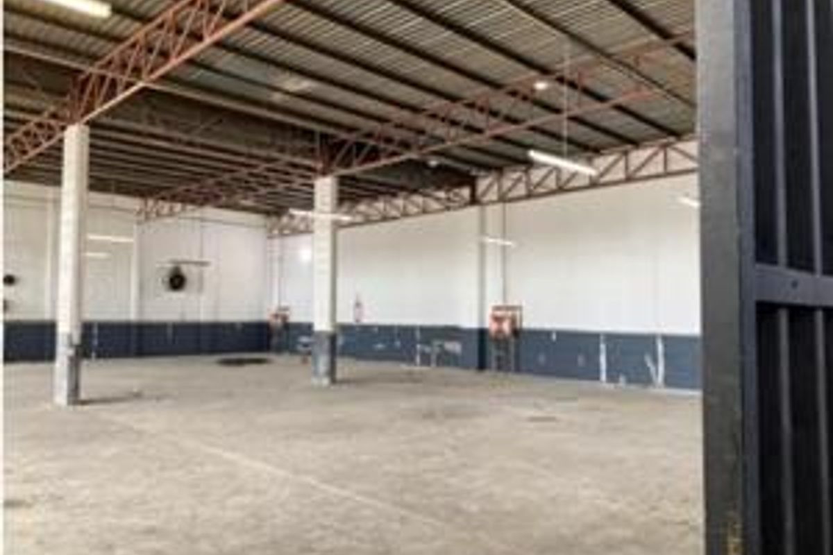 Spacious industrial warehouse unit featuring exposed steel roof trusses, concrete flooring, and functional overhead lighting, suitable for storage or light manufacturing operations.