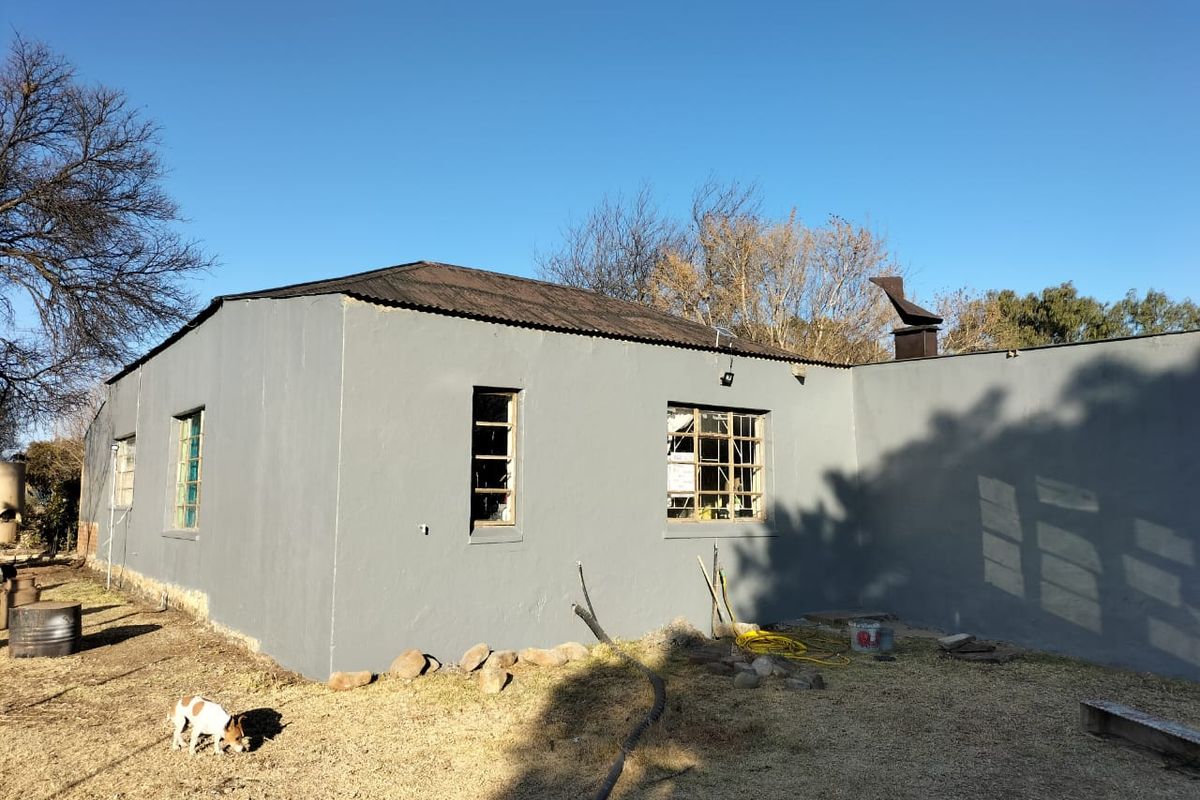Rear exterior view of a single-story building featuring plastered walls, a corrugated metal roof, and damaged steel-framed windows requiring maintenance.