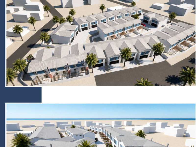 An aerial perspective of the Valora Estate townhouse development, showcasing the layout, roof structures, and exterior design of the residential units.