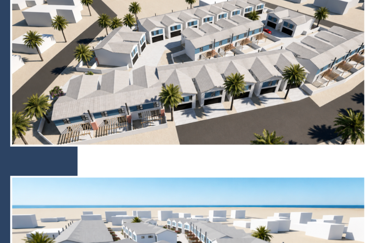 An aerial perspective of the Valora Estate townhouse development, showcasing the layout, roof structures, and exterior design of the residential units.
