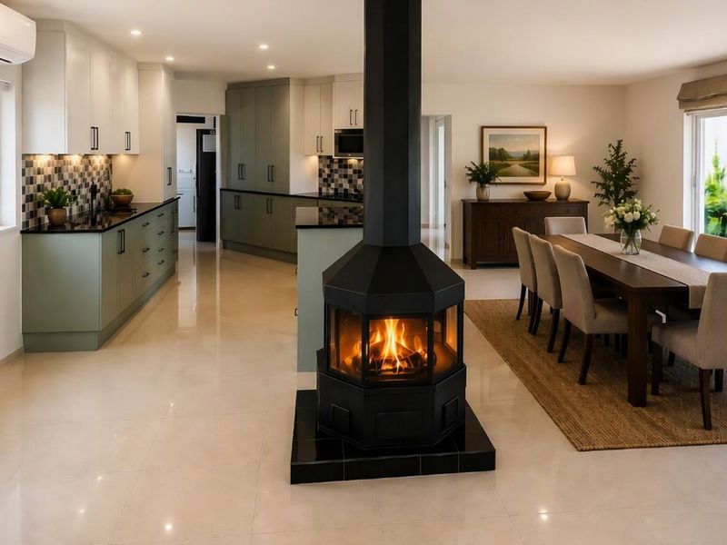 Spacious open-plan living and kitchen area featuring a central fireplace, modern cabinetry, stone countertops, and large sliding doors leading to the garden.