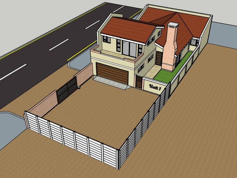 A 3D architectural rendering of a residential property featuring a two-story house, garage, and fenced yard area.