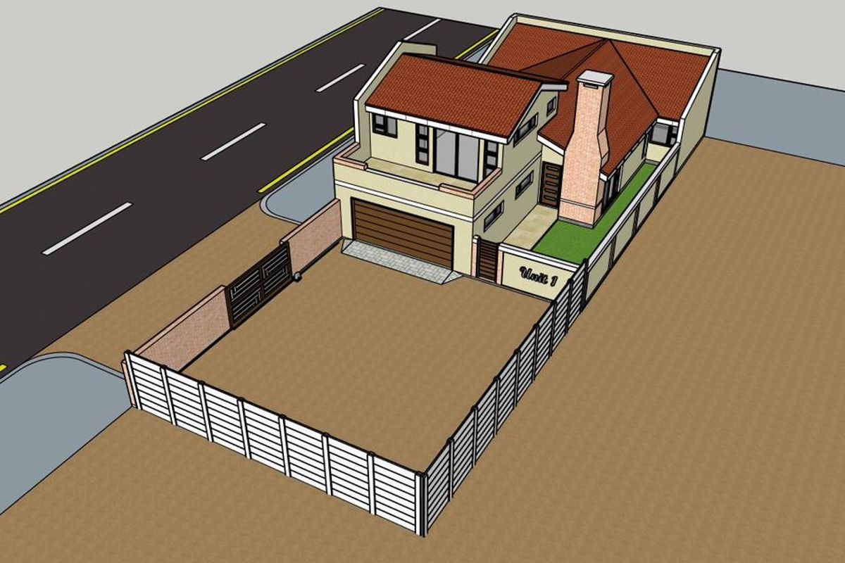 A 3D architectural rendering of a residential property featuring a two-story house, garage, and fenced yard area.