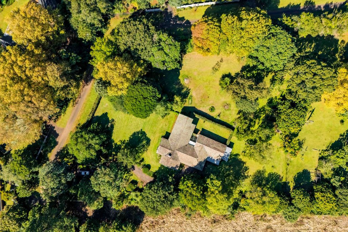 Aerial view of a residential property set within a large, mature garden with extensive tree coverage and surrounding greenery.