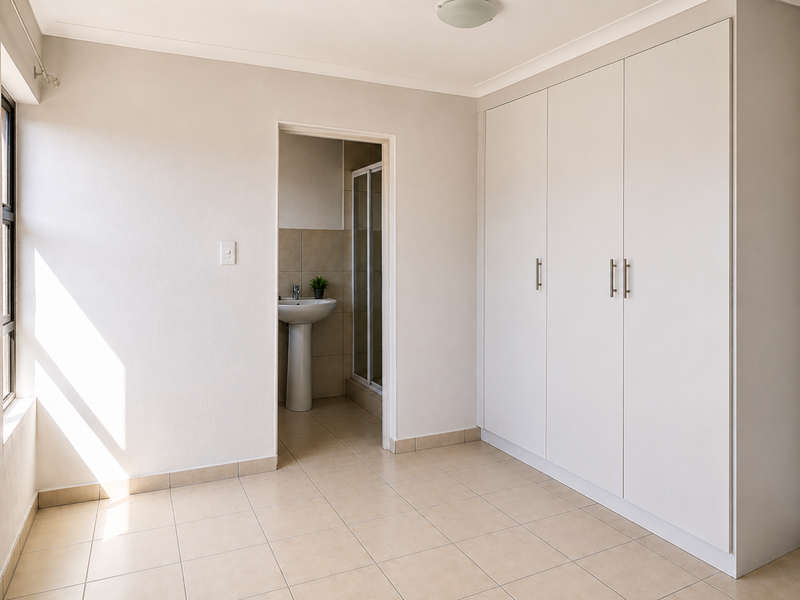 A bright, empty bedroom featuring neutral tiled flooring, a large built-in wardrobe, and direct access to an en-suite bathroom with a shower.