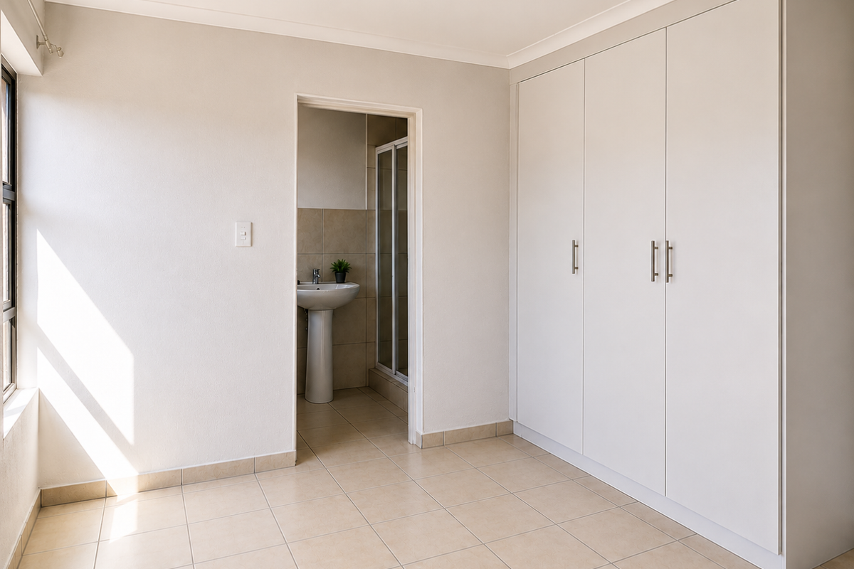 A bright, empty bedroom featuring neutral tiled flooring, a large built-in wardrobe, and direct access to an en-suite bathroom with a shower.