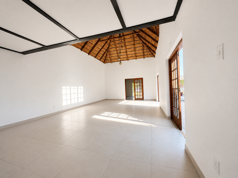 Spacious, light-filled living area featuring a high thatched ceiling with exposed beams, neutral tiled flooring, and direct access to the outdoor area via french doors.
